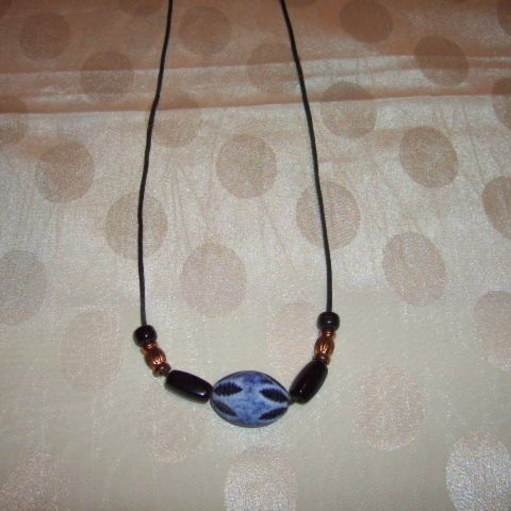 Necklace Big Blue Bead Leather Strap With Black & Copper Beads Handmade Vintage